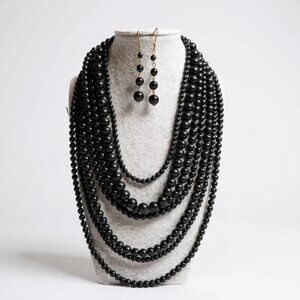Seven Layers Black lucite Bead Chunky Necklace Earring Set